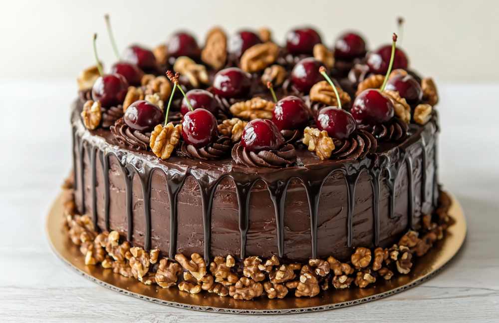 topping de noix grillées sur un wedding cake chocolat