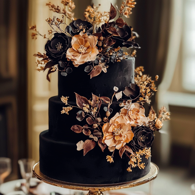 wedding cake noir glaçage fleurs sucre automne